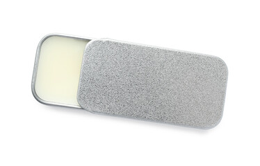 Natural solid perfume in container isolated on white, top view
