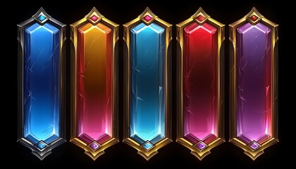 Five Ornate Gemstone Rank Badges Displayed