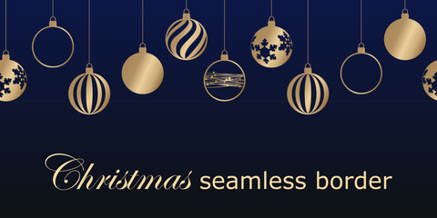 Christmas balls seamless border. an endless texture of hanging gold Christmas decorations on a dark blue background. graphic element for the design, card, backdrop, website header. pattern golden foil