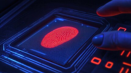 A glowing red fingerprint scanner with a hand hovering above, set against a dark, futuristic background.