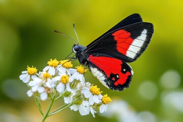 Meadowsweet moth with black and red wings on a yarrow flower in a field set against a blurred green backdrop