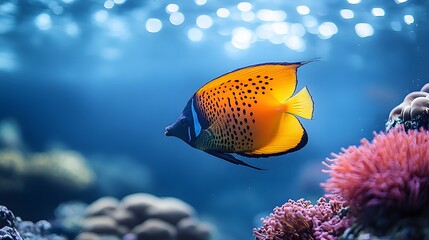 Obraz premium Vibrant orange fish swimming in blue water near coral reef.