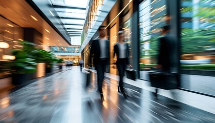 Vibrant Corporate Scene with Motion Blur of Professionals in Suits in a Bright, Modern, and Professional Workspace