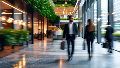 Fototapeta premium Sleek Office Interior Featuring Blurred Motion of Businesspeople in a Contemporary Setting with Glass and Greenery