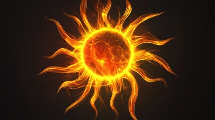 Naklejka premium 3D holographic sun symbol, orange and yellow radiant glow, sharp detail, on black background, 