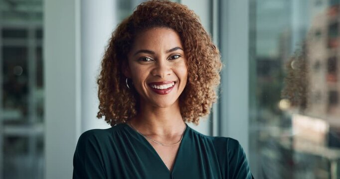 Face, lawyer or happy woman in office with confidence for court case, justice or fair legislation. Portrait, business and attorney in legal firm for consulting, private practice or workplace rights