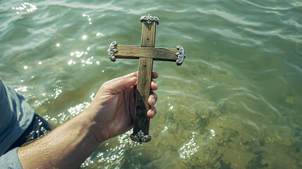 A hand emerges from the water, holding a wooden cross during a baptism ritual on Epiphany, symbolizing faith, purification, and spiritual renewal under sacred traditions. January 6th

