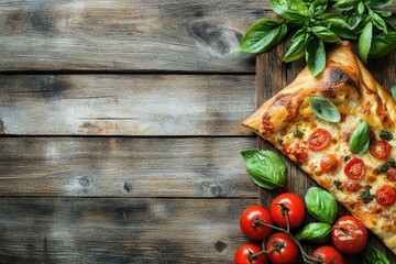 Tasty calzone and classic Italian pizza with tomatoes and fresh basil on a rustic wooden surface
