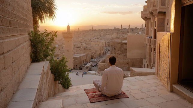 Tourist enjoying sunset over shibam, the manhattan of the desert, yemen