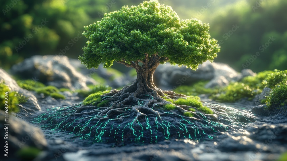 Poster vibrant tree with intricate roots in a lush environment.