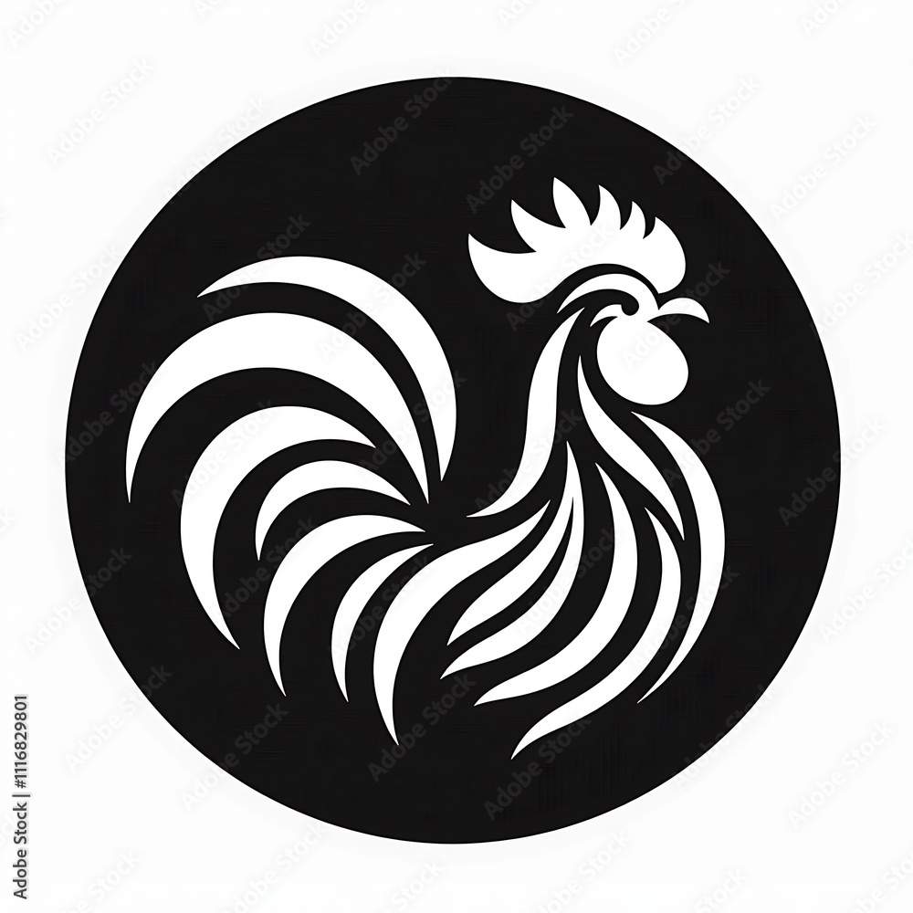 Poster bold and elegant rooster vector design in monochrome, featuring dynamic curves and sharp details, pe