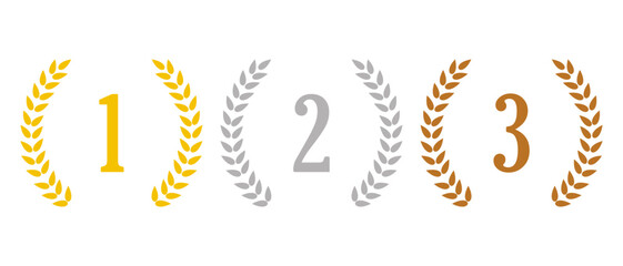 Fototapeta premium Laurel wreaths with Winners' numbers Vector. Award 1, 2, 3 place. Golden, silver and bronze laurel wreaths with first, second and third place signs. 