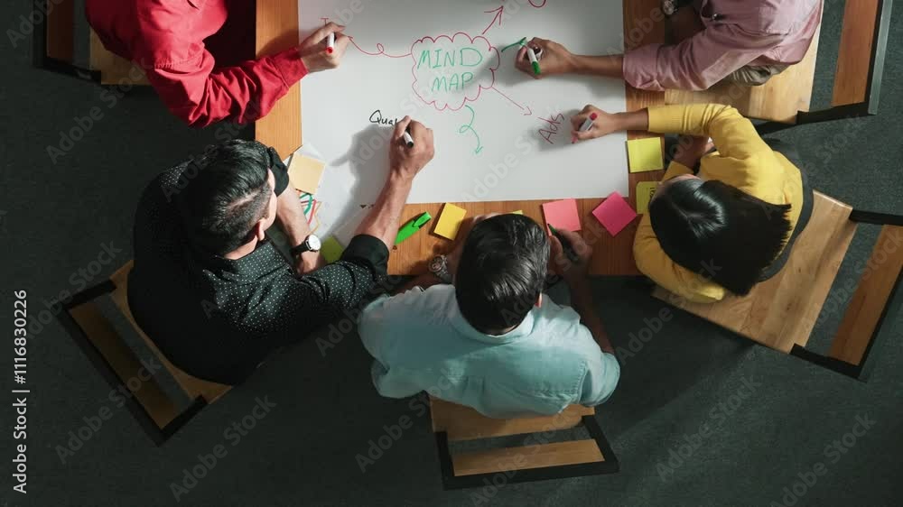 Poster top down view of business team working together by using mind map brainstorming idea and sharing mar