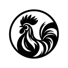 Obraz premium Szczegółowy czarno-biały rysunek wektorowy koguta w okrągłej ramce, charakteryzujący się wyrazistymi liniami i skomplikowanymi wzorami, idealny do logo, brandingu lub projektów dekoracyjnych