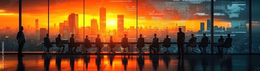 Poster futuristic business meeting digital data exchange teamwork global networking innovation