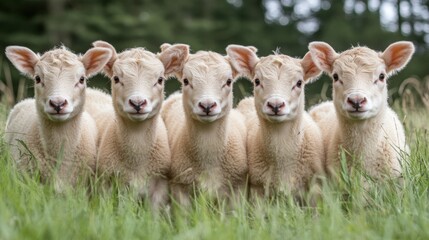 Fototapeta premium Charming Faces of Young Lambs in Pasture