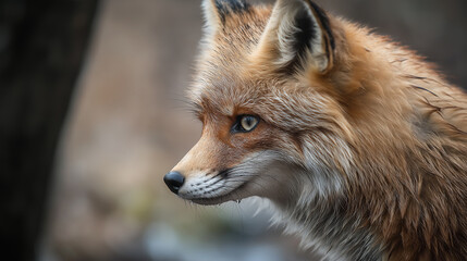 Crying fox with teary eyes, standing in the woods, soft natural light