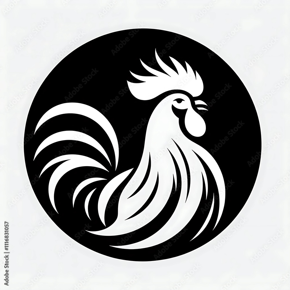 Poster bold and elegant rooster vector design in monochrome, featuring dynamic curves and sharp details, pe