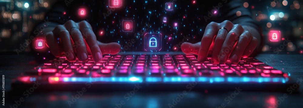 Poster cyber security data protection in digital workspace with holographic data visualization and neon lig