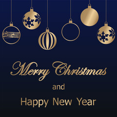 Christmas card, template design for banner, flyer, background with stripe of different christmas balls. elegant vector illustration for invitation, poster, greeting en luxury dark blue and gold tones