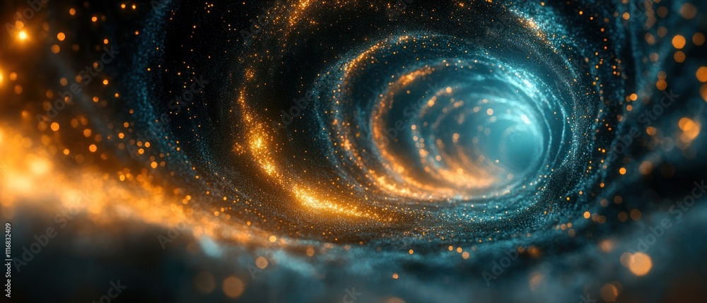 Poster cosmic vortex with swirling colors and luminous particles.