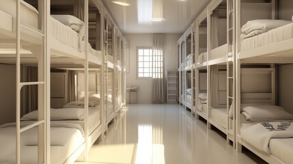Fototapeta premium Modern Hostel Interior with Bunk Beds and Natural Light