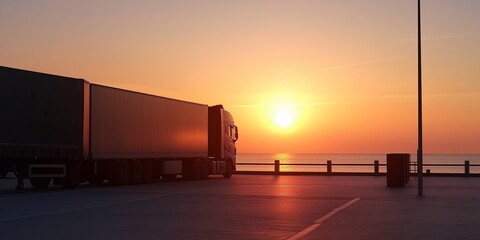 Obraz premium Trucks Silhouetted Against a Bright Sunrise by the Sea, Capturing the Tranquil Beauty of Dawn Over a Calm Horizon with an Industrial Feel
