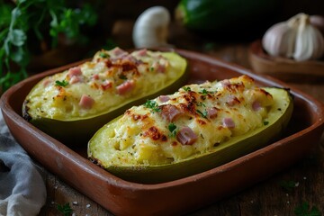 Two ham stuffed chayote slices cheese gratin on a clay tray featuring organically grown veggies idea of authentic homemade dishes
