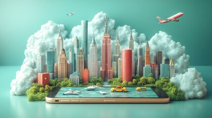 Naklejka premium smartphone displaying a vibrant cityscape and nature.