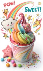 Creamy, colorful scoops of fun theme ice cream in a paper tub, perfect for creating eye-catching headers, vibrant backgrounds, captivating posters, and stylish design products