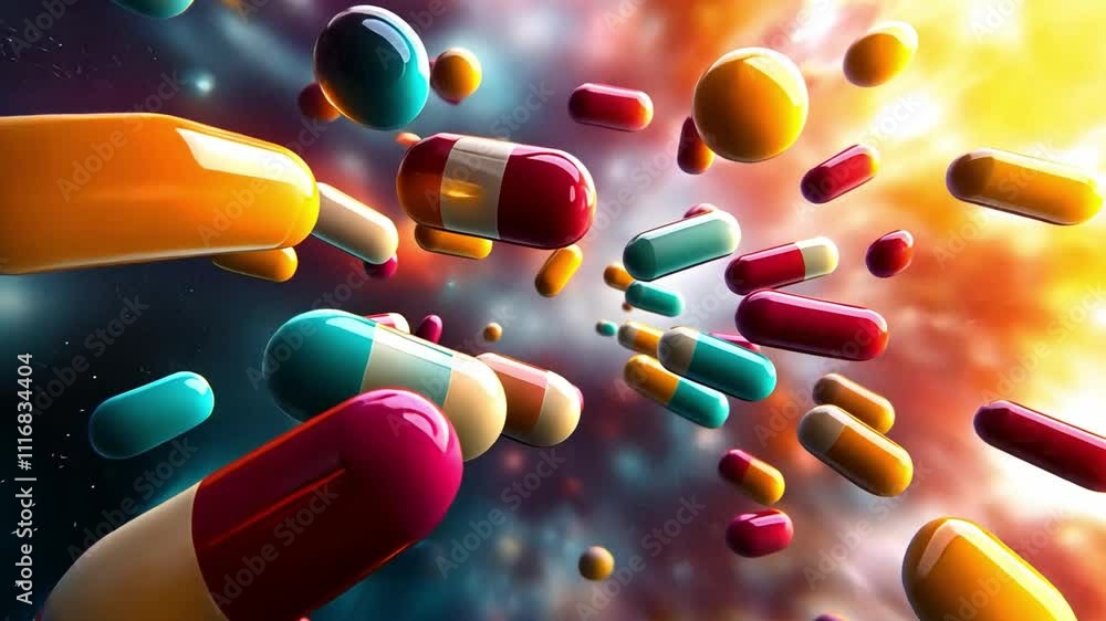 Poster colorful capsules floating in a vibrant and dynamic background showcasing modern design