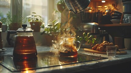 Pouring coffee from a gooseneck kettle into a glass carafe in a sunlit kitchen.