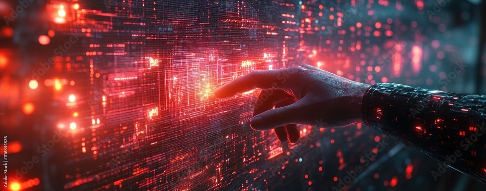 Poster futuristic businessman interacting with holographic data in a cyberpunk setting with neon lighting