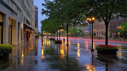 Fototapeta premium Rainy city street with reflections and bright street lights at night