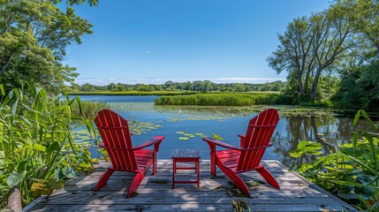 Serene Lakeside Vista with Two Red Adirondack Chairs and a Small Table