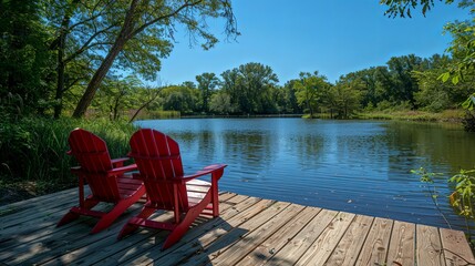 Two red Adirondack chairs on a wooden dock overlooking a serene lake.