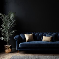 Luxury Modern Living Room with Dark Blue Velvet Sofa and Black Accent Wall