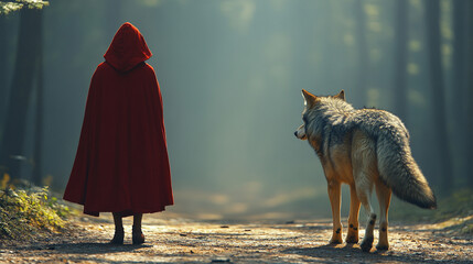 Little Red Riding Hood and the wolf walking through a forest, with the back of the girl in the red cloak creating a mysterious, symbolic atmosphere of adventure and danger