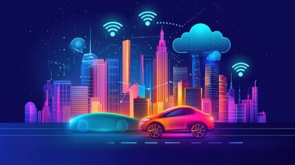Social networking city and town with automation car on the world symbols moving from buildings to cloud using wifi. Vector illustration, penology, communication, generation, modern, generate by AI.