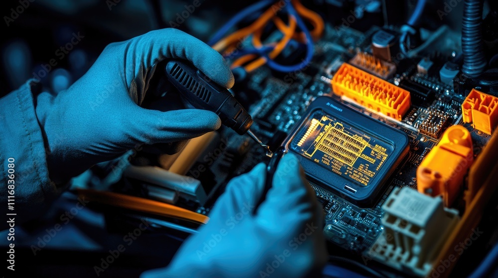 Aufkleber technician repairing circuit board with precise tools in workshop