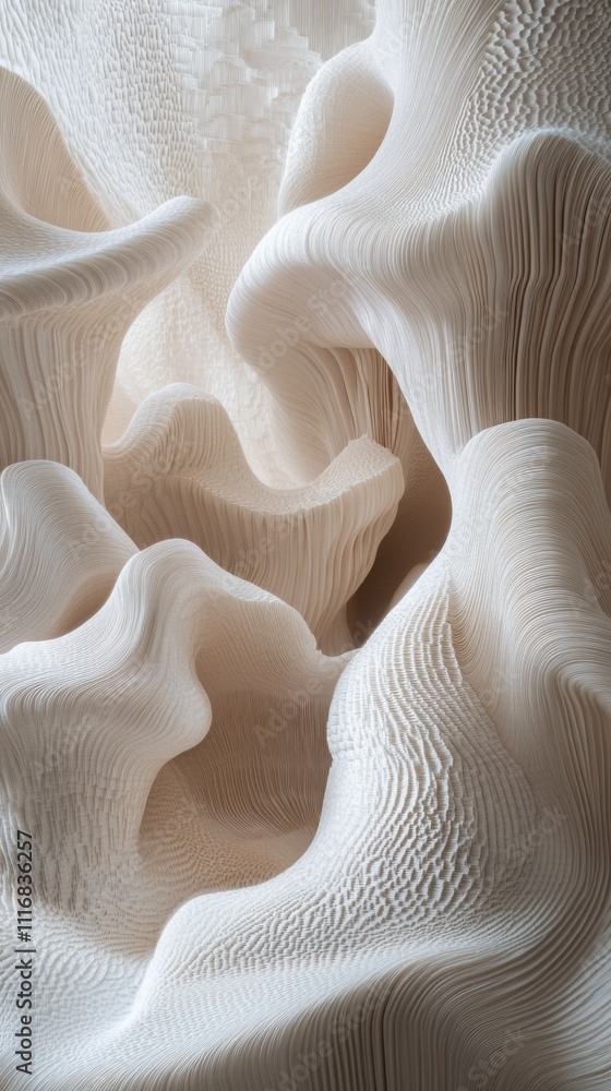 Poster Intricate swirls and curves form a mesmerizing three-dimensional structure, beautifully capturing light in a soft and delicate arrangement. The ethereal appearance invites exploration