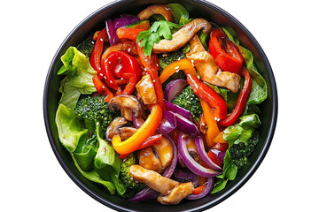 bowl of fresh salad, vibrant colors, mixed greens, red and yellow bell peppers, sliced onions, chicken strips, broccoli, healthy meal, vivid presentation, top-down view, high contrast