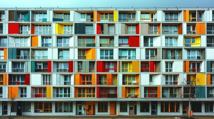 Colorful apartment building facade with many windows and balconies.