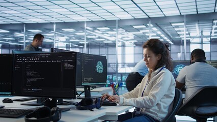 Upbeat computer scientist working in high tech server hub capable of processing vast amounts of...