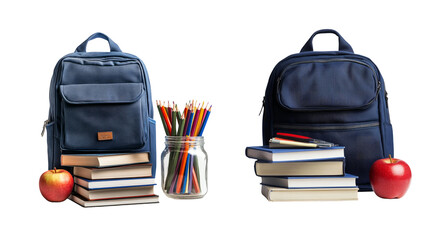 Blue Backpack with School Supplies and Apples