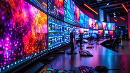 Immersive Control Room with Vibrant Displays and Advanced Technology