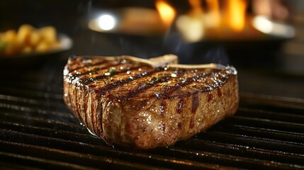 A perfectly grilled steak with sear marks, smoke rising, and a warm ambiance in the background.