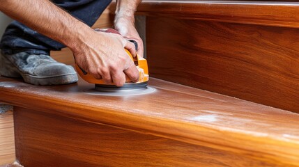 Manual sanding of wooden staircase with electric sander tool