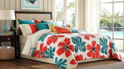Vibrant Floral Bedding in Relaxing Coastal Bedroom Setting