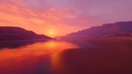 Obraz premium Serene Sunset Over Tranquil River With Reflection in Calm Waters